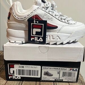 Fila  women’s Disruptor II White with Red Accents Sneakers